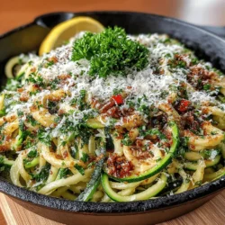 To add a touch of heat to your Garlic Parmesan Zoodles, consider incorporating red pepper flakes. These tiny, vibrant flakes can elevate the dish from mild to exciting with just a sprinkle. Start by adding a pinch to the sauté pan when you’re cooking the garlic; this allows the heat to infuse the oil and permeate the zoodles during cooking. The red pepper flakes not only contribute a spicy kick but also add a beautiful pop of color to your dish. Adjust the amount based on your tolerance for heat, and feel free to experiment until you find the perfect balance that suits your palate.