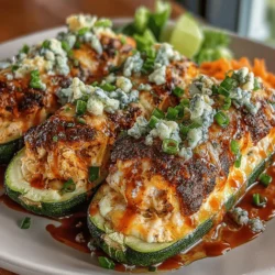 To create the delicious filling for your Buffalo Chicken Stuffed Zucchini Boats, start by gathering your prepped ingredients. You will need shredded cooked chicken, cream cheese, hot sauce, shredded cheese, and crumbled blue cheese.