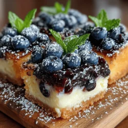 Berry Fresh Lemon Bliss Bars are a delightful dessert that perfectly balances the sweet and tart flavors of blueberries and lemons. These bars are not only visually appealing but also incredibly easy to make, making them a great choice for gatherings, picnics, or a sweet treat at home. The vibrant colors of blueberries against the bright lemony backdrop create a stunning dessert that is as pleasing to the eye as it is to the palate.
