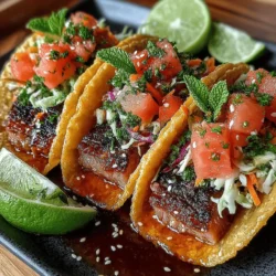 Tuna tacos with watermelon slaw offer a refreshing twist on a classic dish, combining the rich umami flavor of sushi-grade tuna with the sweet crunch of watermelon. This unique recipe is not only visually appealing but also tantalizes the taste buds, making it a perfect choice for summer gatherings or a light weeknight dinner. With its harmonious blend of flavors and textures, this dish captures the essence of coastal cuisine, inviting you to indulge in a culinary experience that celebrates both freshness and health.