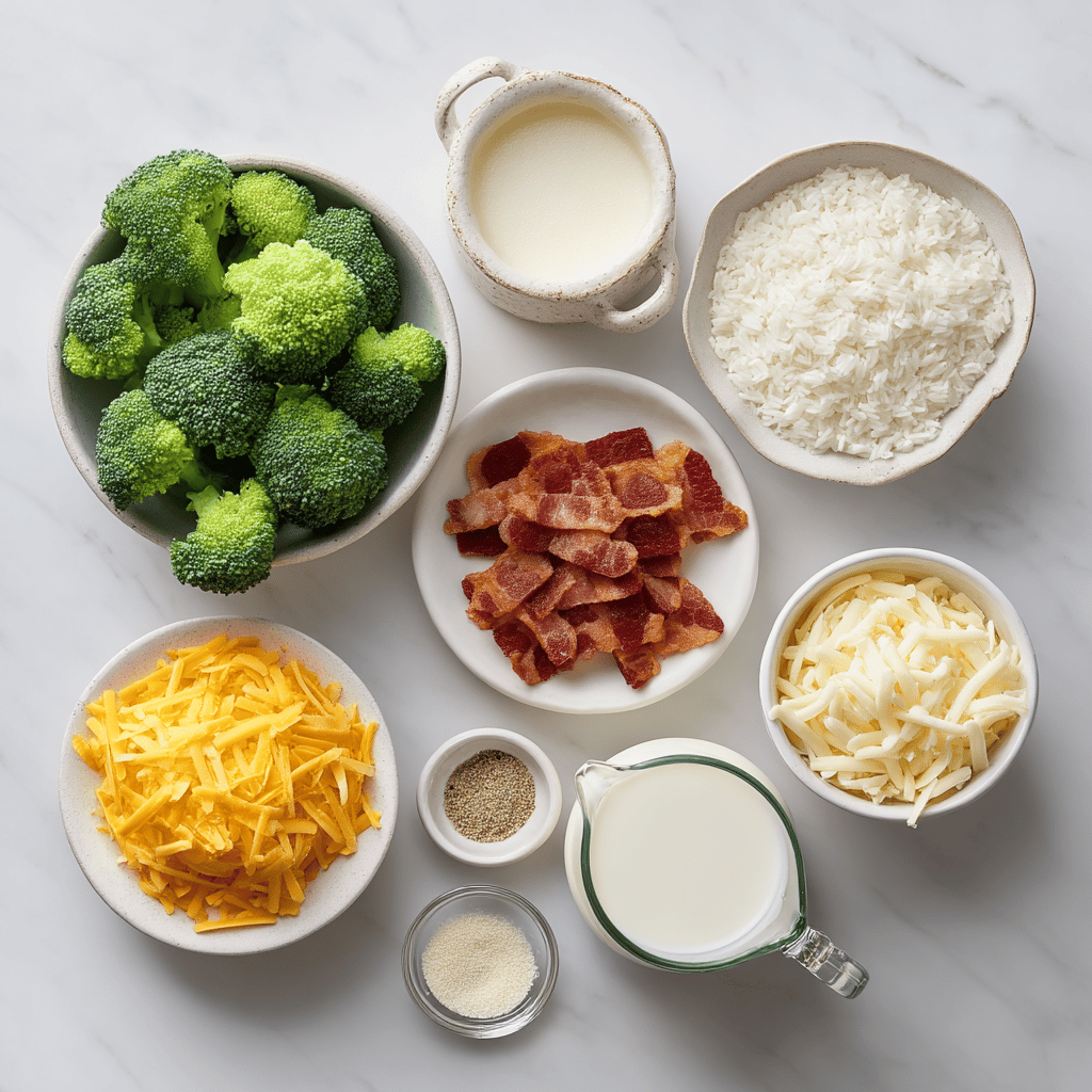 Ingredients for Cheesy Broccoli and Bacon Casserole