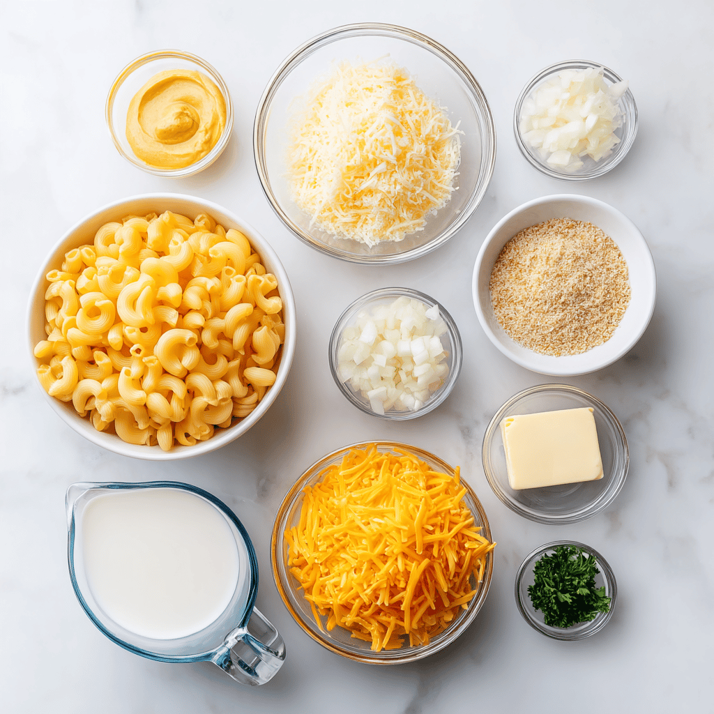 Ingredients for Cozy Cheesy Comfort Mac Bake
